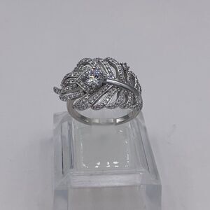 Ring, solid 925 sterling, feather motif, lab created gems, sz 7